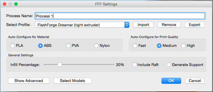 تنظیمات فرایند Simplify3D برای FlashForge Dreamer